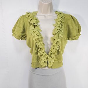 Y2K One 7 Six Green Ruffle Trim Short Puff Sleeve Crop Knit Cardigan Sweater S